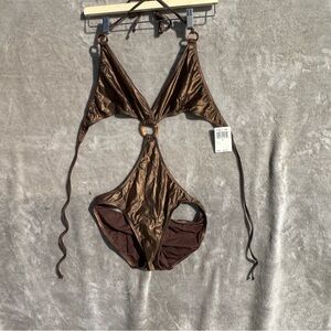 W Swim Bronze Brown Shimmering Metallic Cut Out Swimsuit New Tags Sz Large